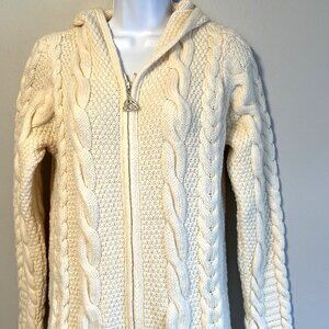 SAOL Ireland Cable Knit Cardigan Sweater Merino Wool Hooded Zip Up Long Medium